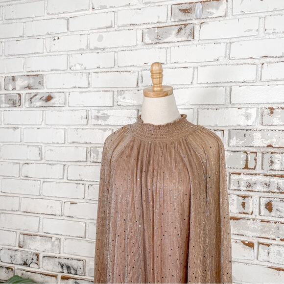 Nina Leonard Rose Gold Metallic Chiffon Sheer Mock Neck Cocktail Midi Dress - Picture 6 of 16